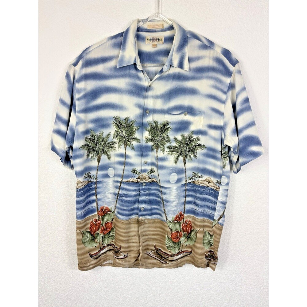 Vintage Campia Moda Hawaiian Shirt Mens XL Blue Palm Tree Print Rayon Aloha